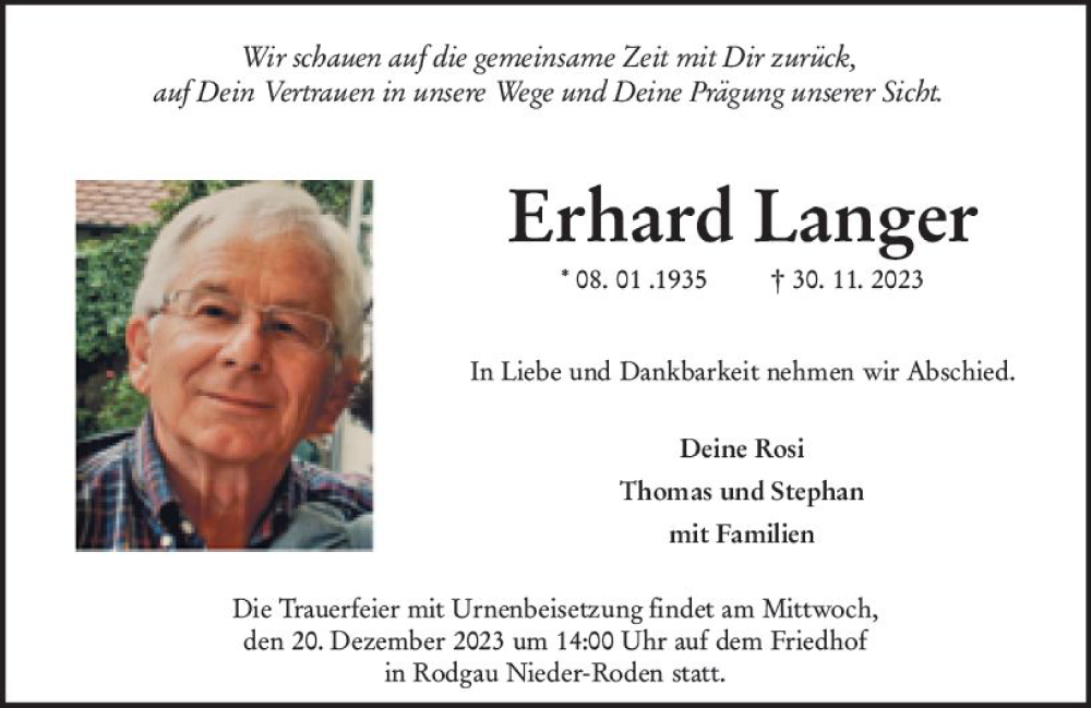 Traueranzeigen Von Erhard Langer Vrm Trauer De