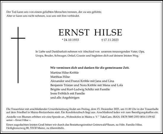 Traueranzeigen Von Ernst Hilse Vrm Trauer De