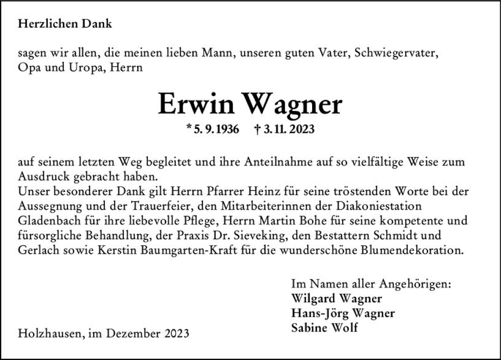 Traueranzeigen Von Erwin Wagner Vrm Trauer De