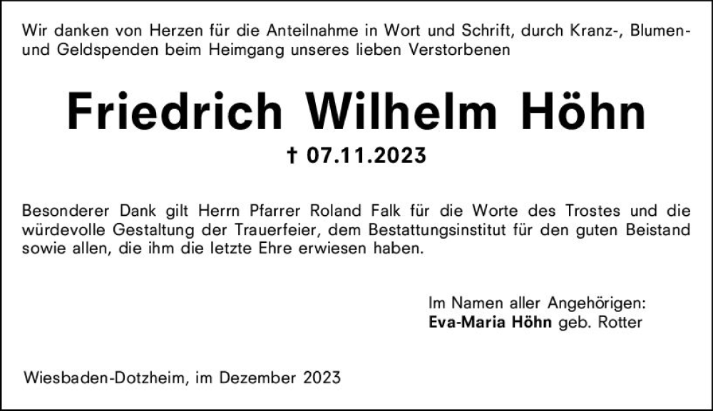 Traueranzeigen von Friedrich Wilhelm Höhn vrm trauer de