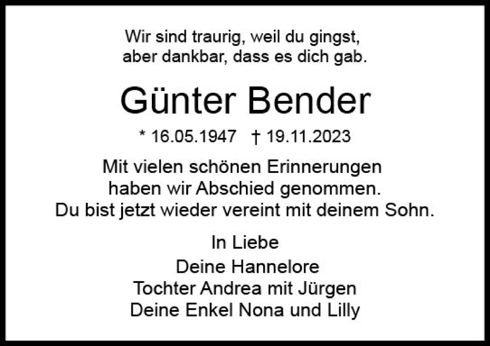 Traueranzeigen Von G Nter Bender Vrm Trauer De