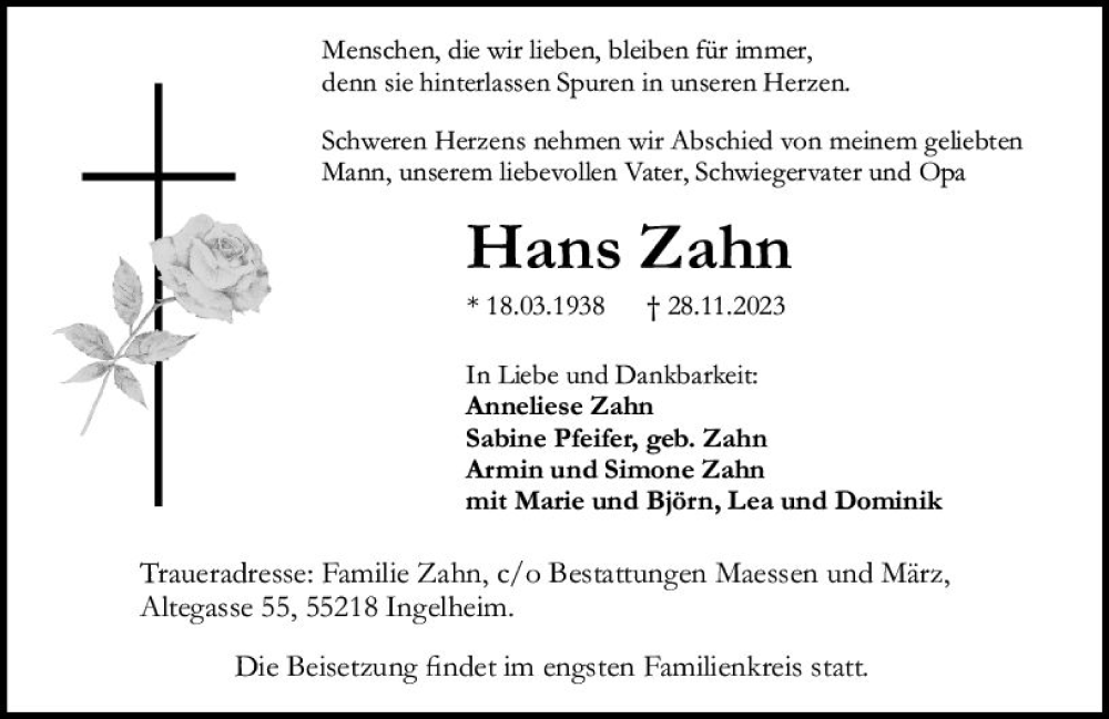 Traueranzeigen Von Hans Zahn Vrm Trauer De