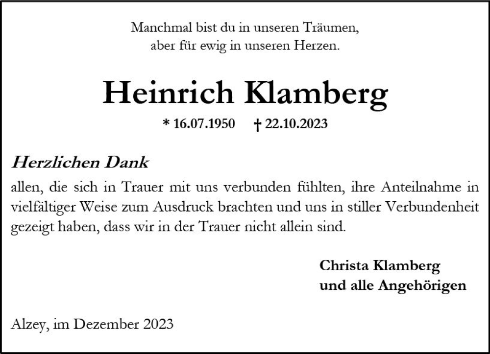 Traueranzeigen Von Heinrich Klamberg Vrm Trauer De