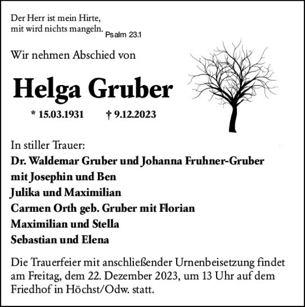 Traueranzeigen Von Helga Gruber Vrm Trauer De