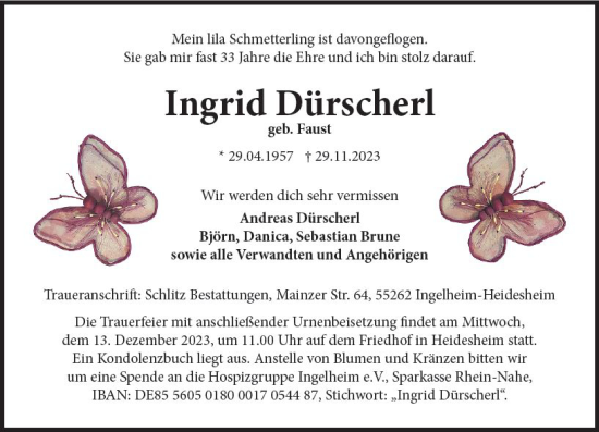 Traueranzeigen von Ingrid Dürscherl vrm trauer de