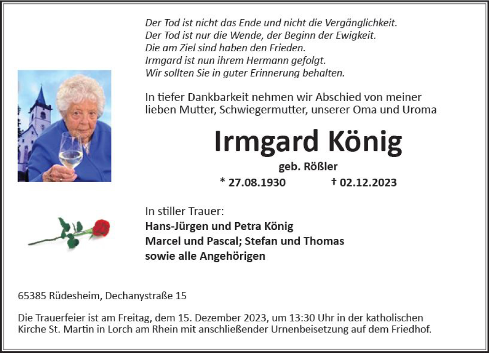 Traueranzeigen von Irmgard König vrm trauer de