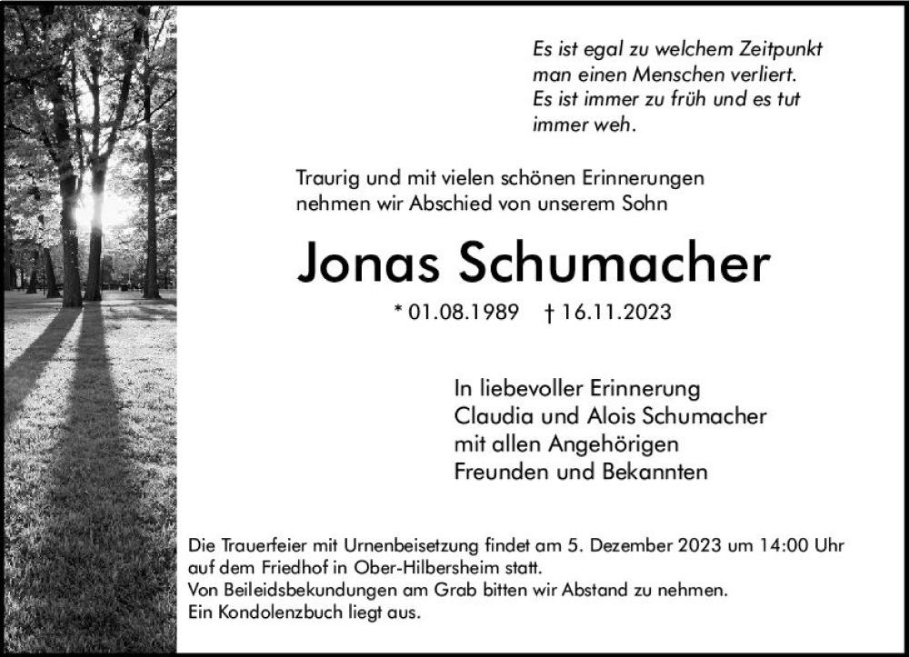 Traueranzeigen Von Jonas Schumacher Vrm Trauer De