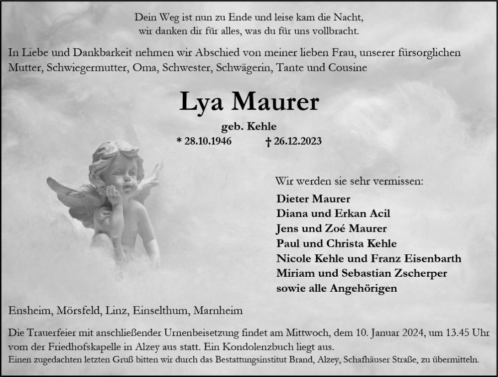 Traueranzeigen Von Lya Maurer Vrm Trauer De