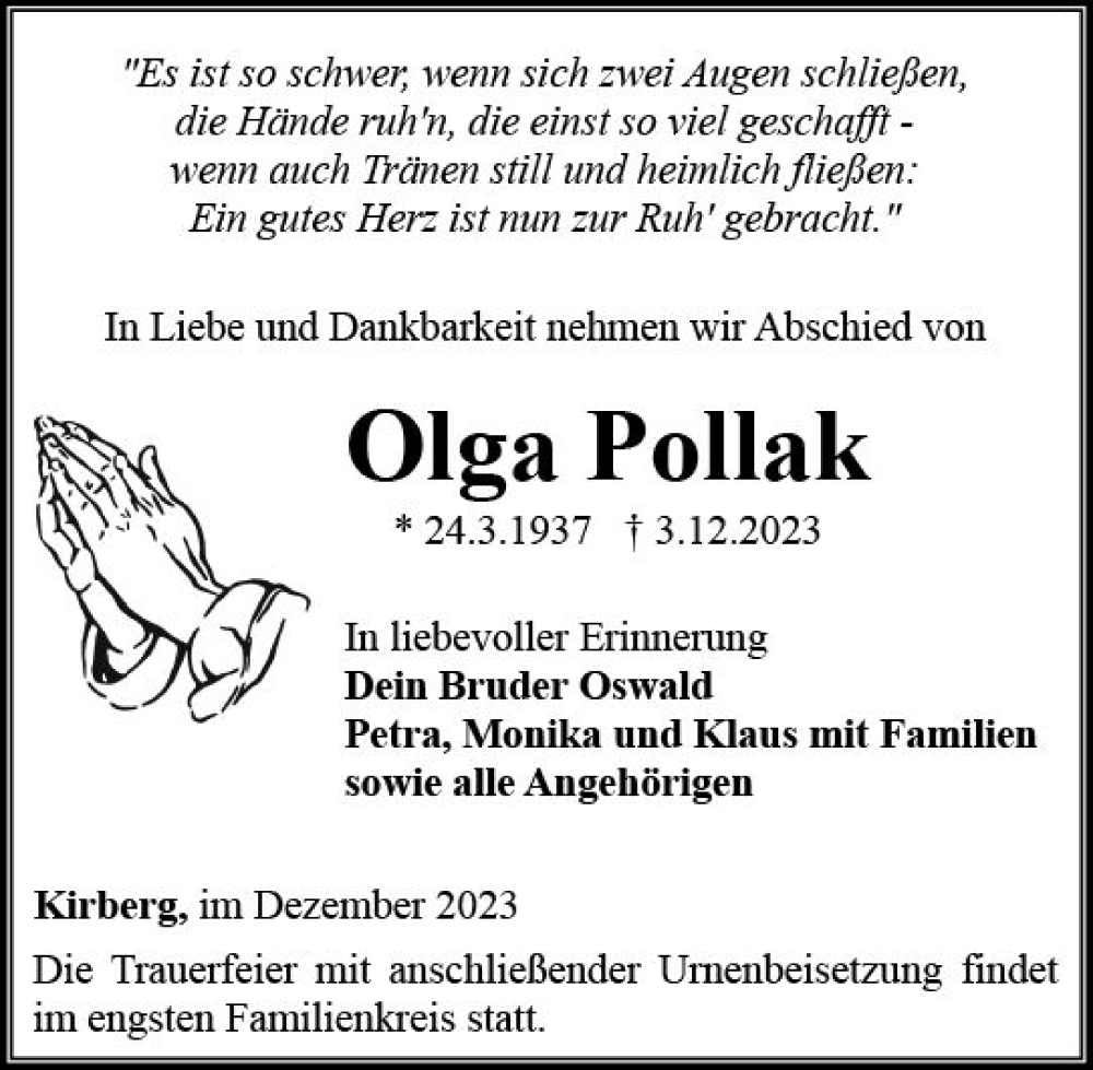 Traueranzeigen Von Olga Pollak Vrm Trauer De