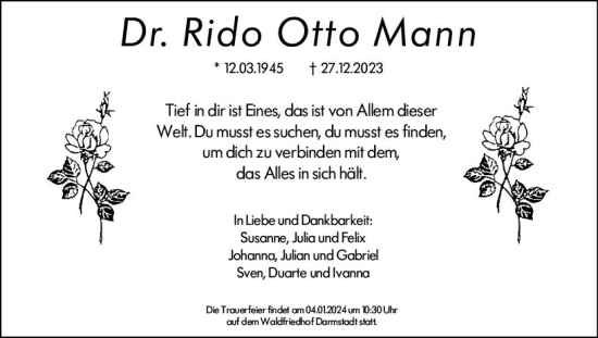 Traueranzeigen Von Rido Otto Mann Vrm Trauer De