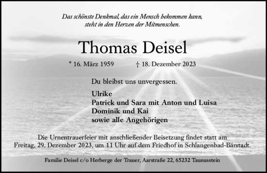 Traueranzeigen Von Thomas Deisel Vrm Trauer De