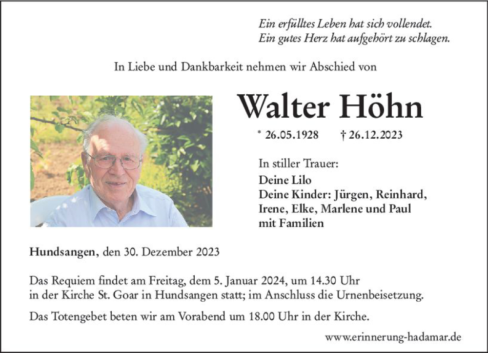 Traueranzeigen Von Walter H Hn Vrm Trauer De