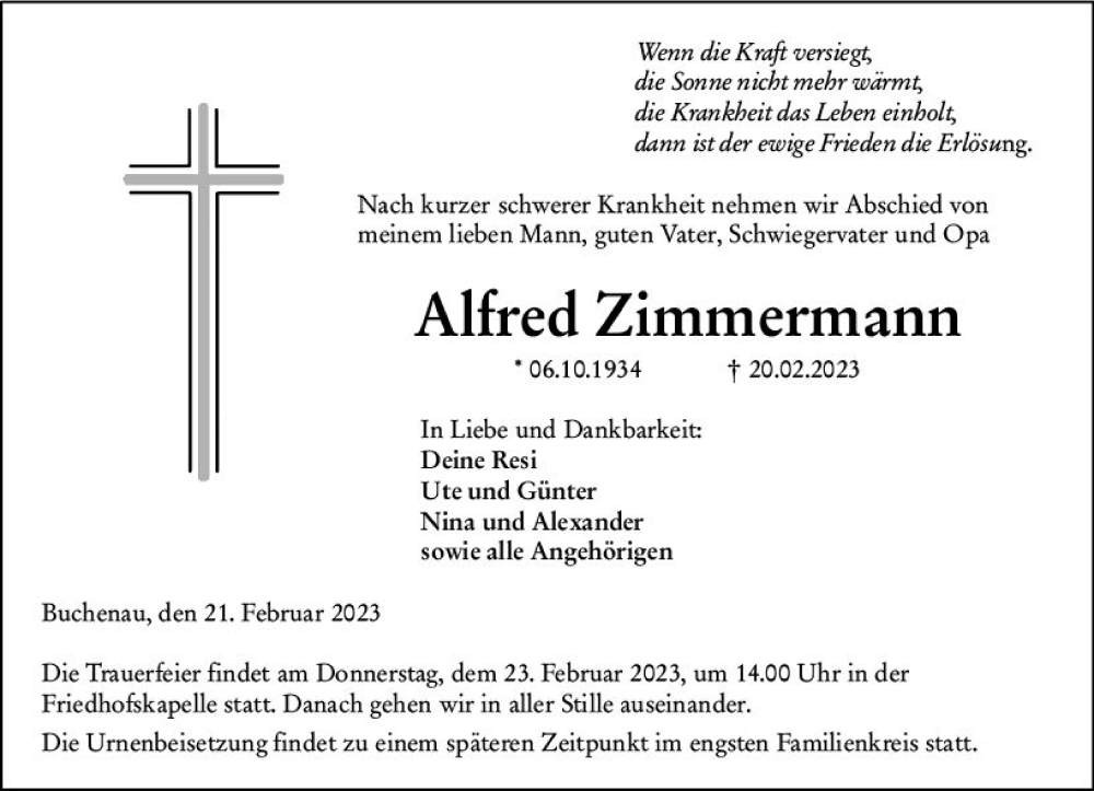 Traueranzeigen Von Alfred Zimmermann Vrm Trauer De