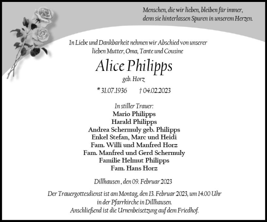 Traueranzeigen Von Alice Philipps Vrm Trauer De