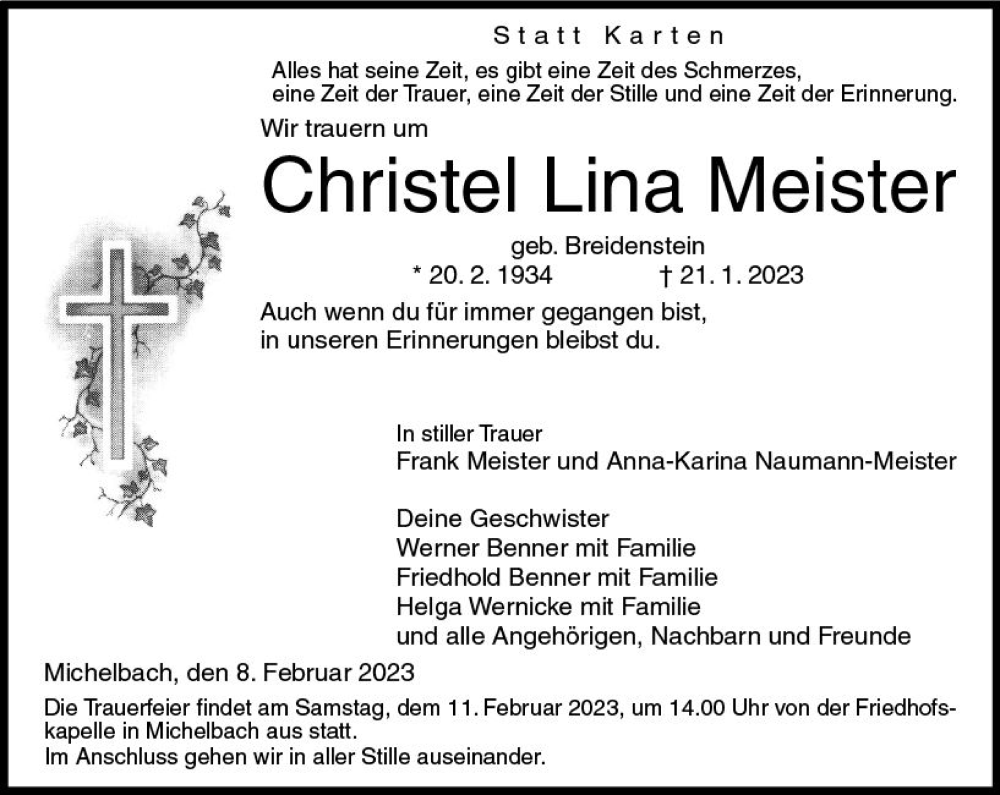 Traueranzeigen Von Christel Lina Meister Vrm Trauer De