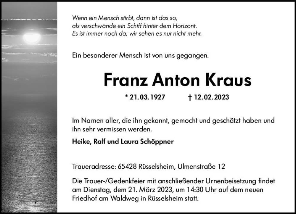 Traueranzeigen Von Franz Anton Kraus Vrm Trauer De