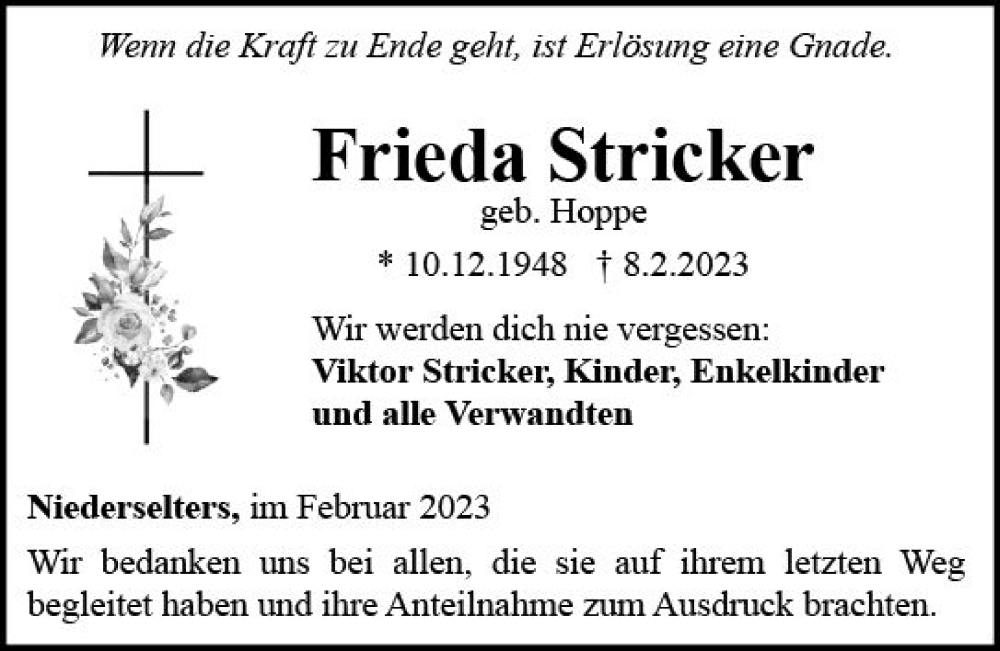 Traueranzeigen Von Frieda Stricker Vrm Trauer De