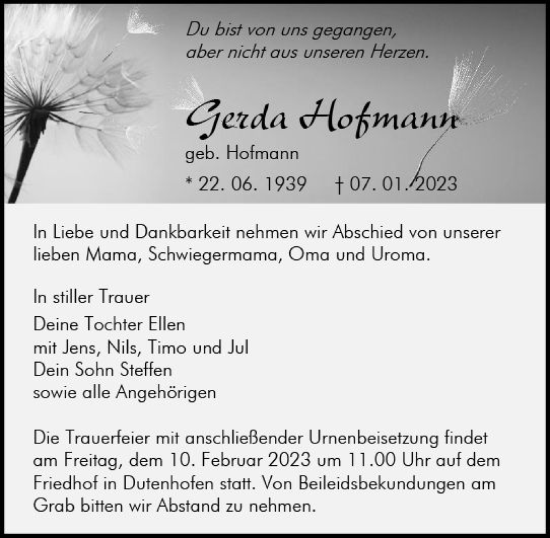 Traueranzeigen Von Gerda Hofmann Vrm Trauer De