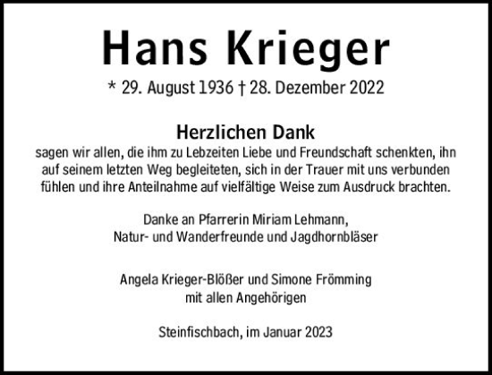 Traueranzeigen Von Hans Krieger Vrm Trauer De