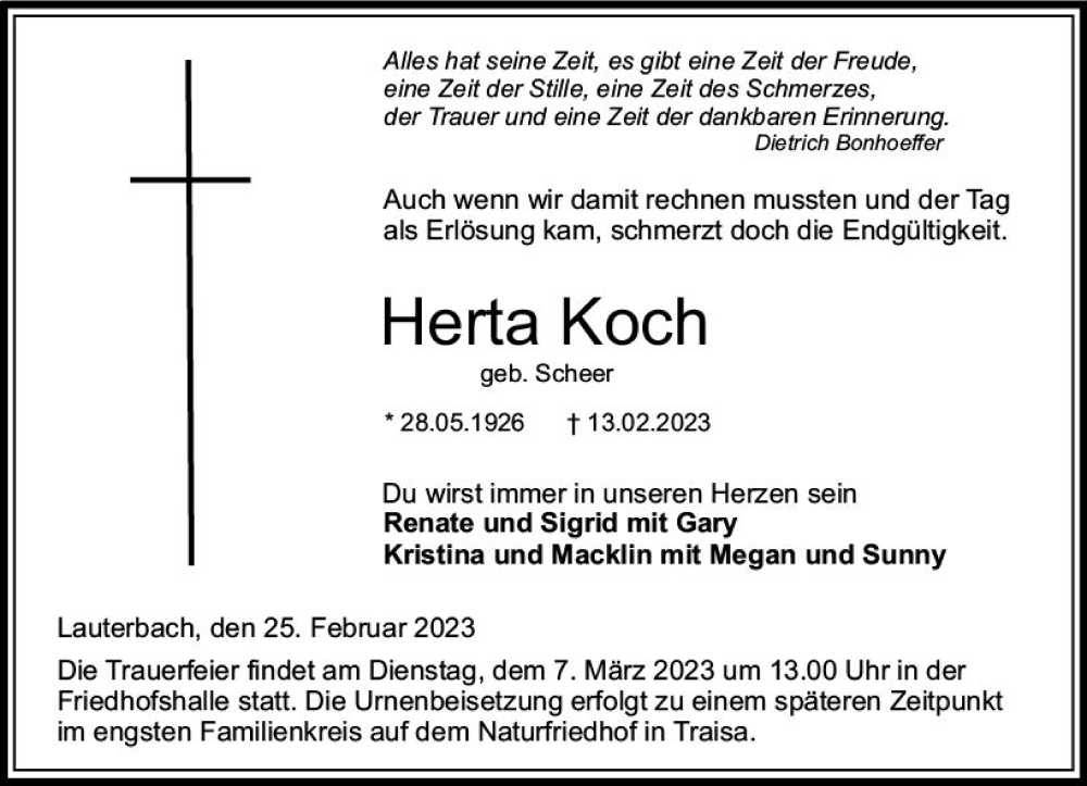 Traueranzeigen Von Herta Koch Vrm Trauer De