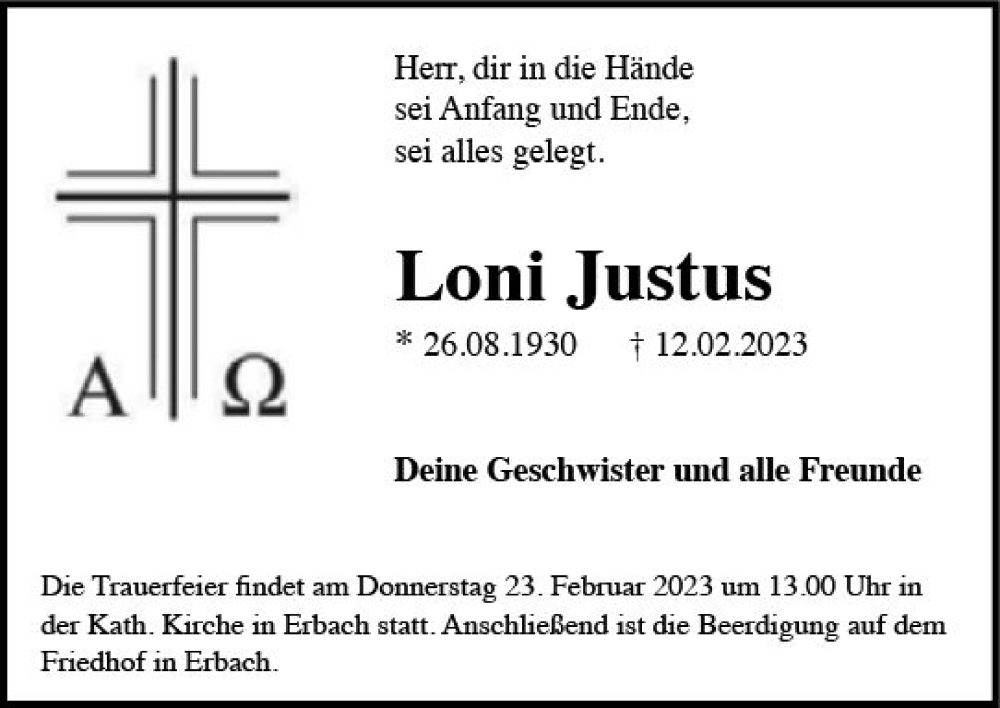 Traueranzeigen Von Loni Justus Vrm Trauer De