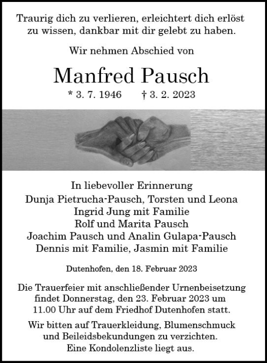 Traueranzeigen Von Manfred Pausch Vrm Trauer De