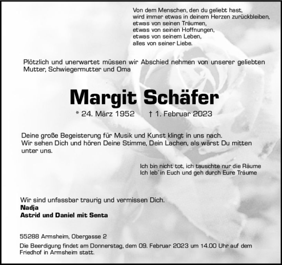 Traueranzeigen von Margit Schäfer vrm trauer de