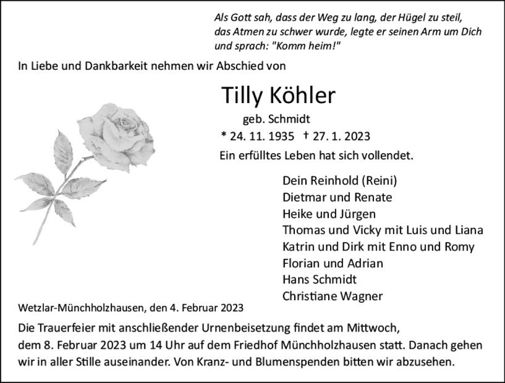 Traueranzeigen Von Tilly K Hler Vrm Trauer De