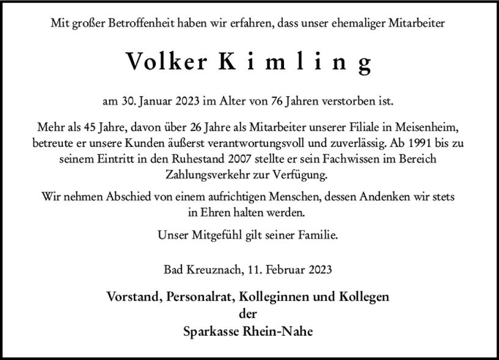 Traueranzeigen Von Volker Kimling Vrm Trauer De