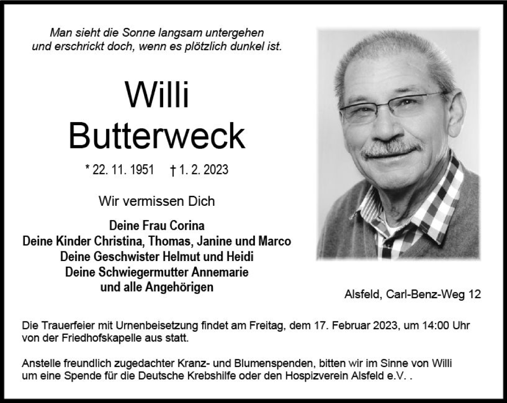 Traueranzeigen Von Willi Buterweck Vrm Trauer De