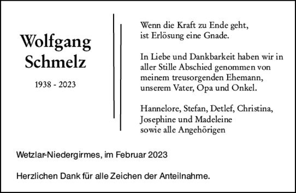 Traueranzeigen Von Wolfgang Schmelz Vrm Trauer De