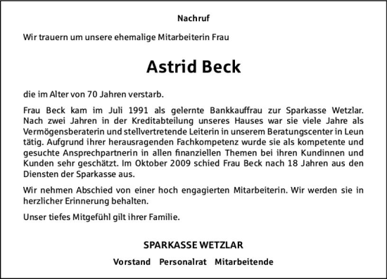 Traueranzeigen Von Astrid Beck Vrm Trauer De