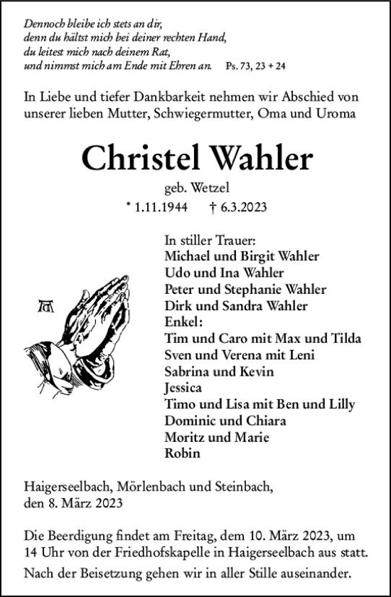 Traueranzeigen Von Christel Wahler Vrm Trauer De