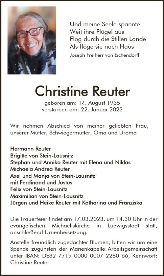 Traueranzeigen Von Christine Reuter Vrm Trauer De