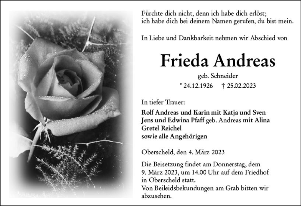 Traueranzeigen Von Frieda Andreas Vrm Trauer De