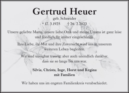 Traueranzeigen Von Gertrud Heuer Vrm Trauer De