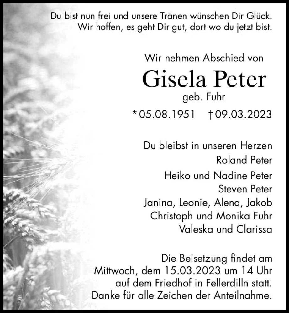 Traueranzeigen Von Gisela Peter Vrm Trauer De