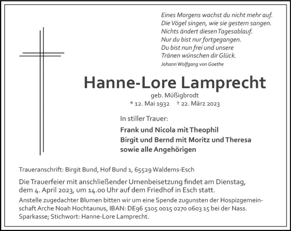 Traueranzeigen Von Hanne Lore Lamprecht Vrm Trauer De