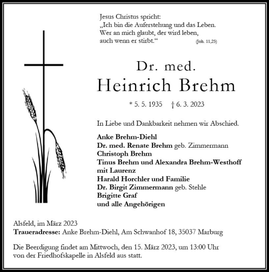 Traueranzeigen Von Heinrich Brehm Vrm Trauer De