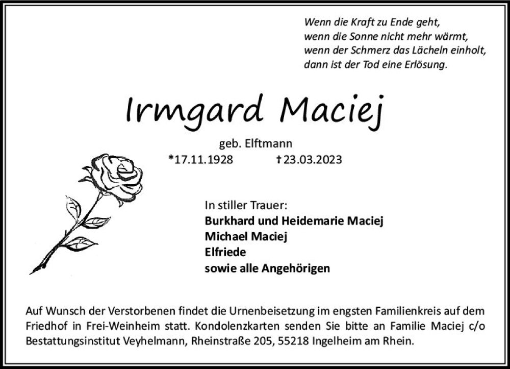 Traueranzeigen Von Irmgard Maciej Vrm Trauer De