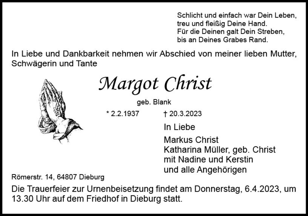 Traueranzeigen Von Margot Christ Vrm Trauer De