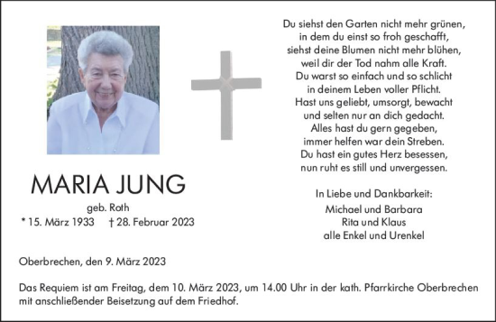 Traueranzeigen Von Maria Jung Vrm Trauer De