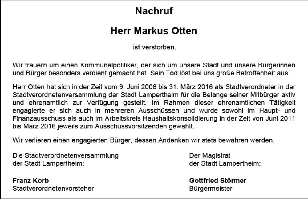 Traueranzeigen Von Markus Otten Vrm Trauer De