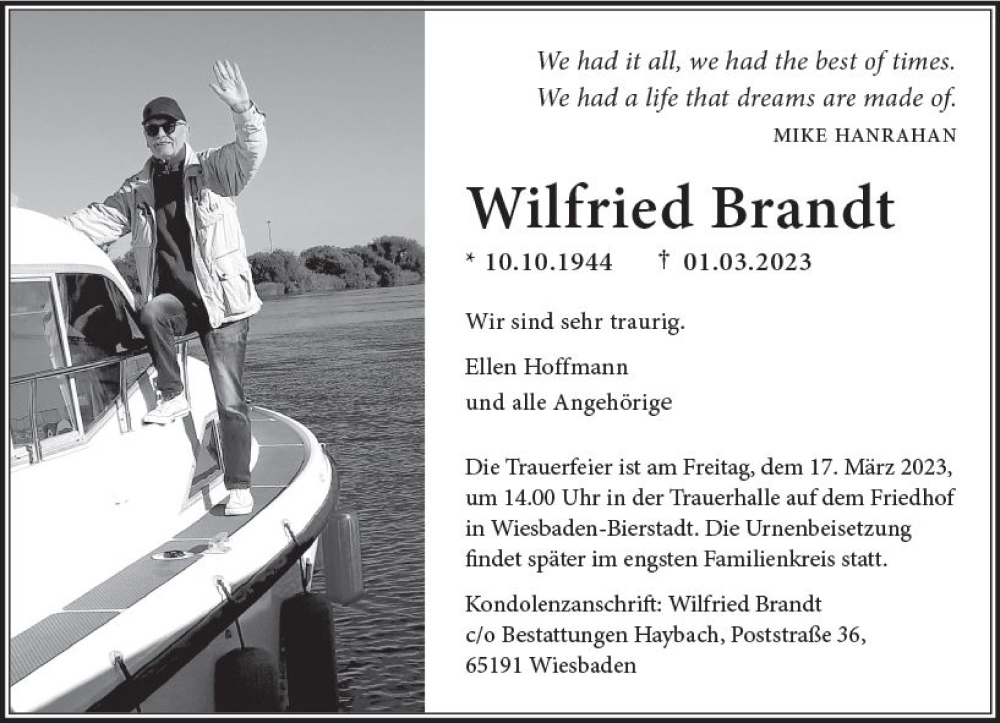 Traueranzeigen Von Wilfried Brandt Vrm Trauer De