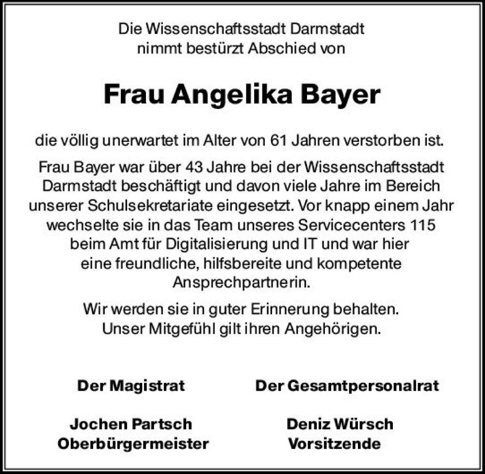 Traueranzeigen Von Angelika Bayer Vrm Trauer De