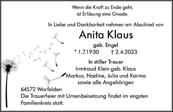 Traueranzeigen Von Anita Klaus Vrm Trauer De