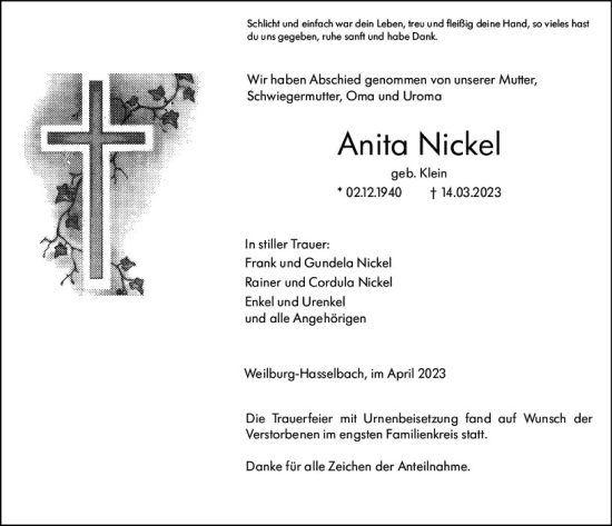 Traueranzeigen Von Anita Nickel Vrm Trauer De