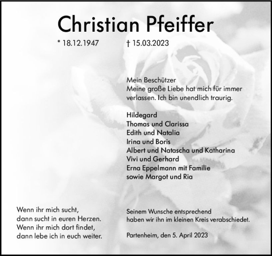 Traueranzeigen Von Christian Pfeiffer Vrm Trauer De