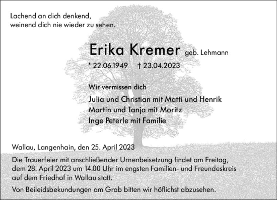 Traueranzeigen Von Erika Kremer Vrm Trauer De