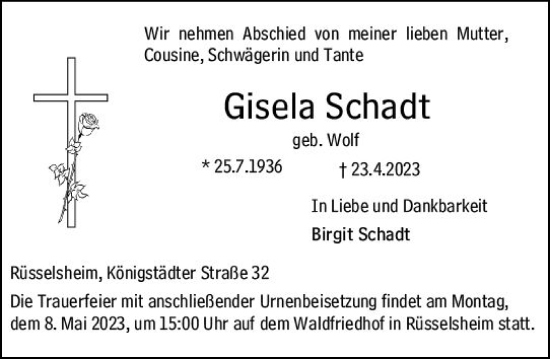 Traueranzeigen Von Gisela Schadt Vrm Trauer De